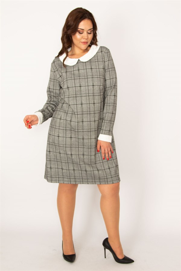 KADIN GRİ BEBE YAKA EKOSE DESENLİ ELBİSE