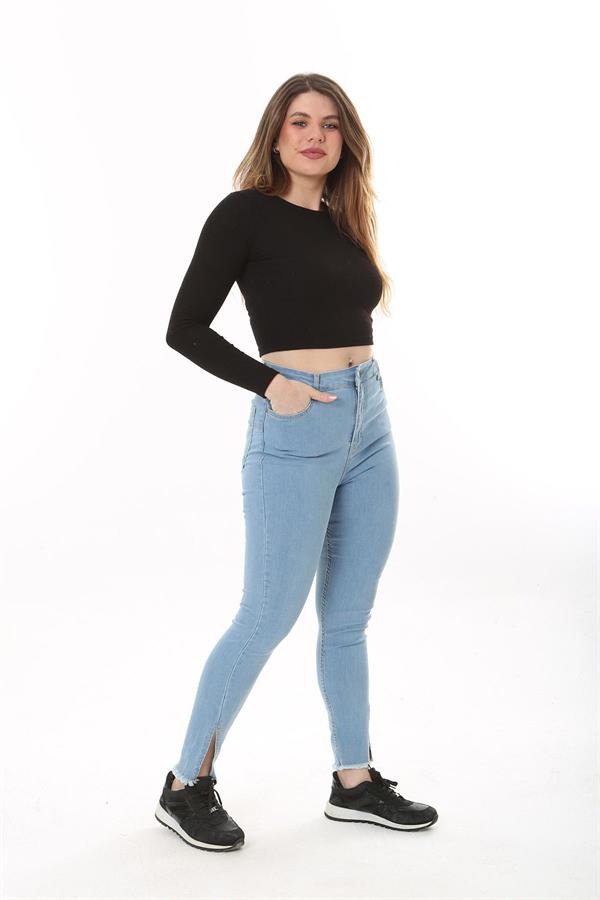 Kadın Büyük Beden Mavi Yüksek Bel Yırtmaçlı Dar Paça Likralı Kot Pantolon 65N37606