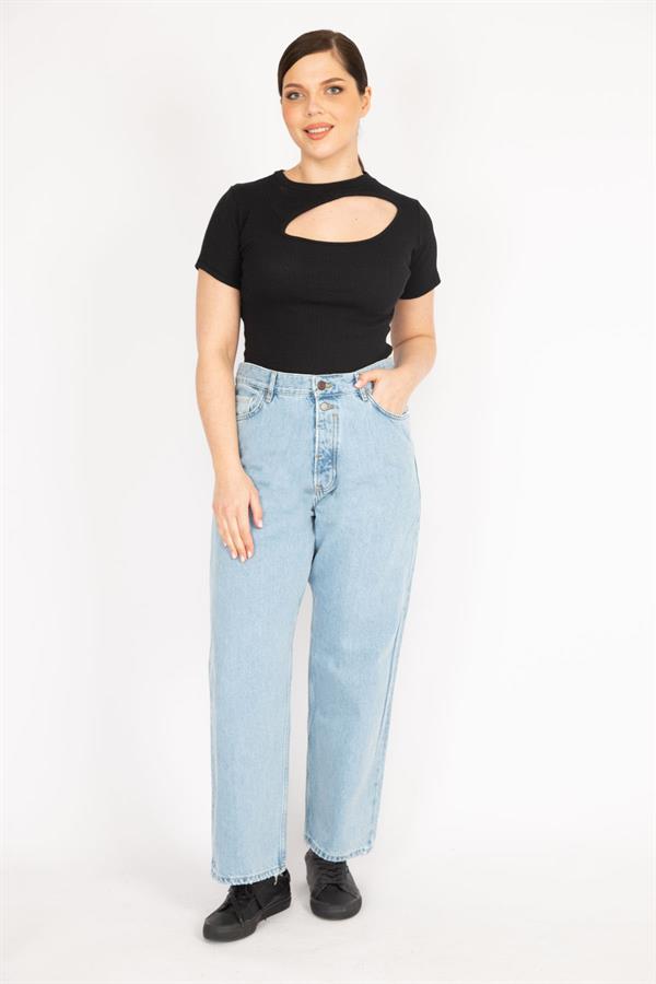 Kadın Mavi Büyük Beden Yıkama Efektli Yüksek Bel Ön Düğmeli Kot Pantolon