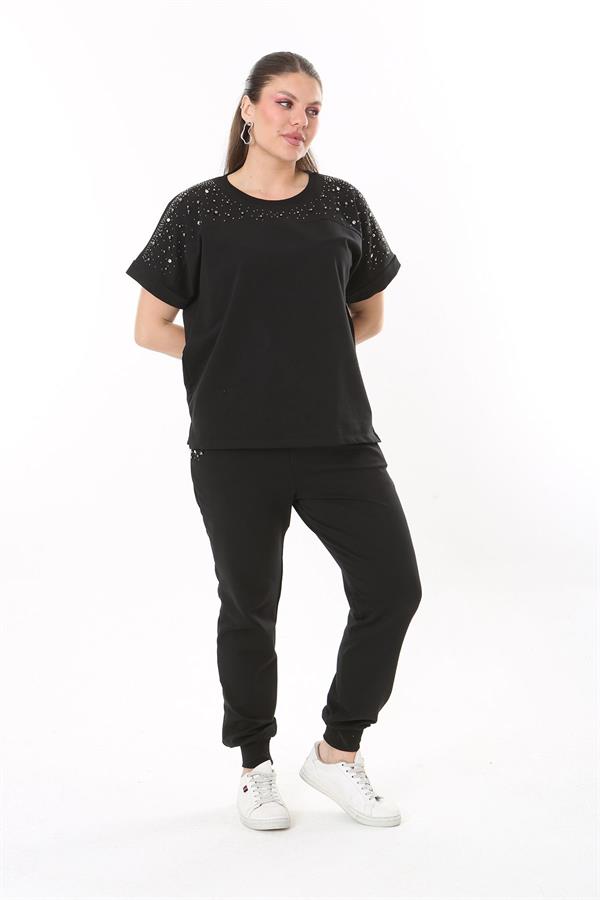 Kadın Büyük Beden Saks Taş Detaylı Kısa Kollu Sweatshirt Pantolon Takım 65N37702