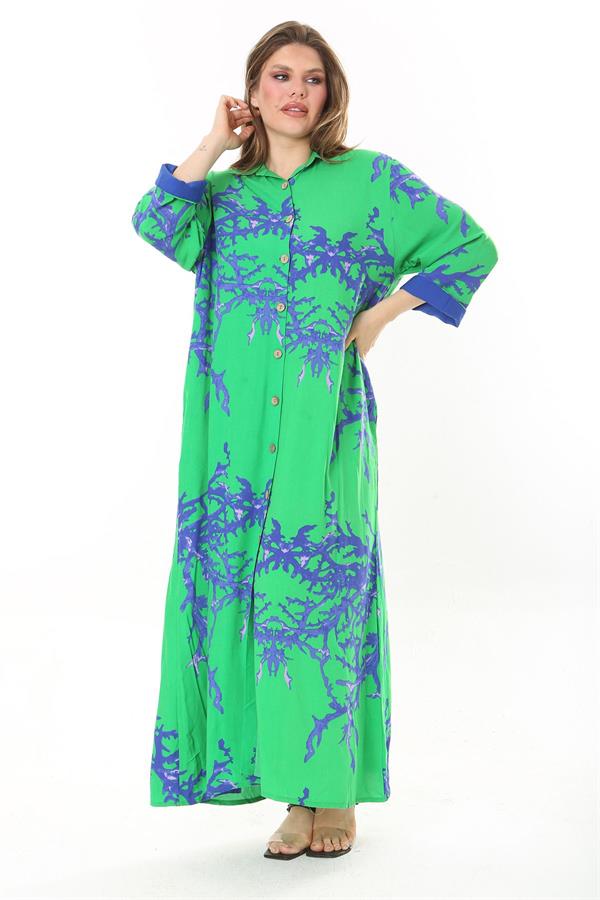 Kadın Büyük Beden Mavi Ön Boy Düğmeli Gömlek Yakalı Uzun Elbise 65N37875