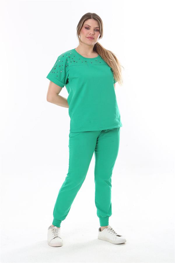 Kadın Büyük Beden Saks Taş Detaylı Kısa Kollu Sweatshirt Pantolon Takım 65N37702