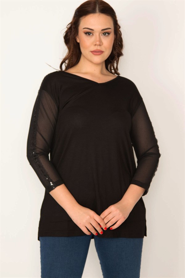 KADIN SİYAH KOLLARI TÜL VE PAYET DETAYLI V YAKALI BLUZ