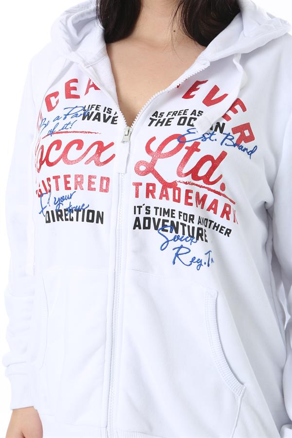 Kadın Büyük Beden Beyaz Ön Fermuar Ve Baskılı Kapşonlu Sweatshirt 65N38622