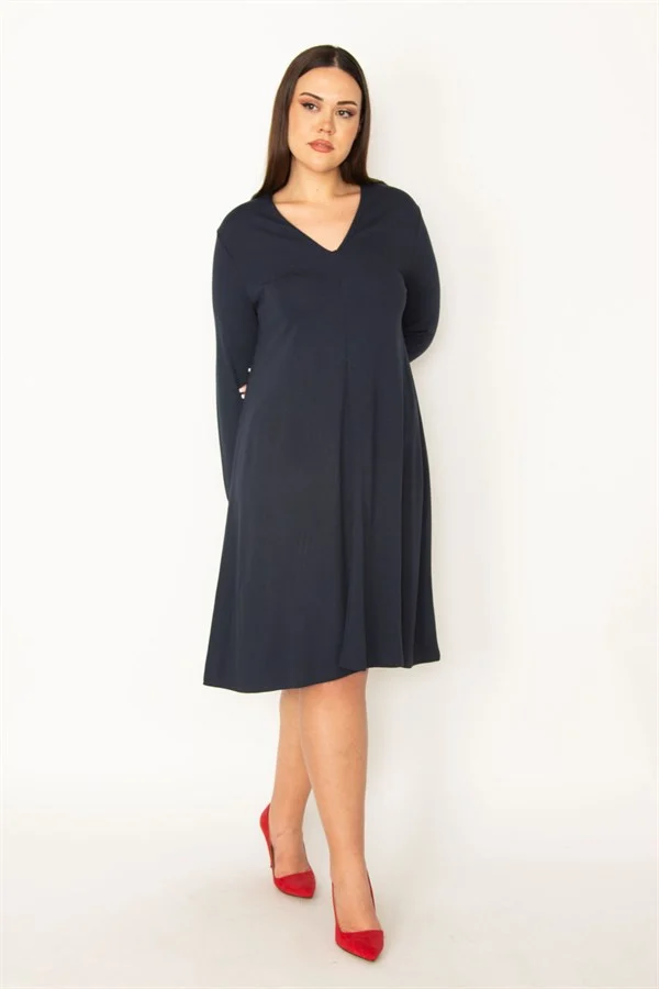 Kadın Lacivert V Yakalı Uzun Kollu Elbise 65N34945