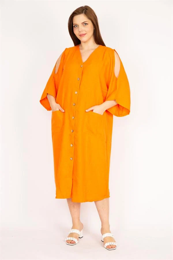 Kadın Camel Büyük Beden Omuz Dekolteli Ön Düğmeli Elbise