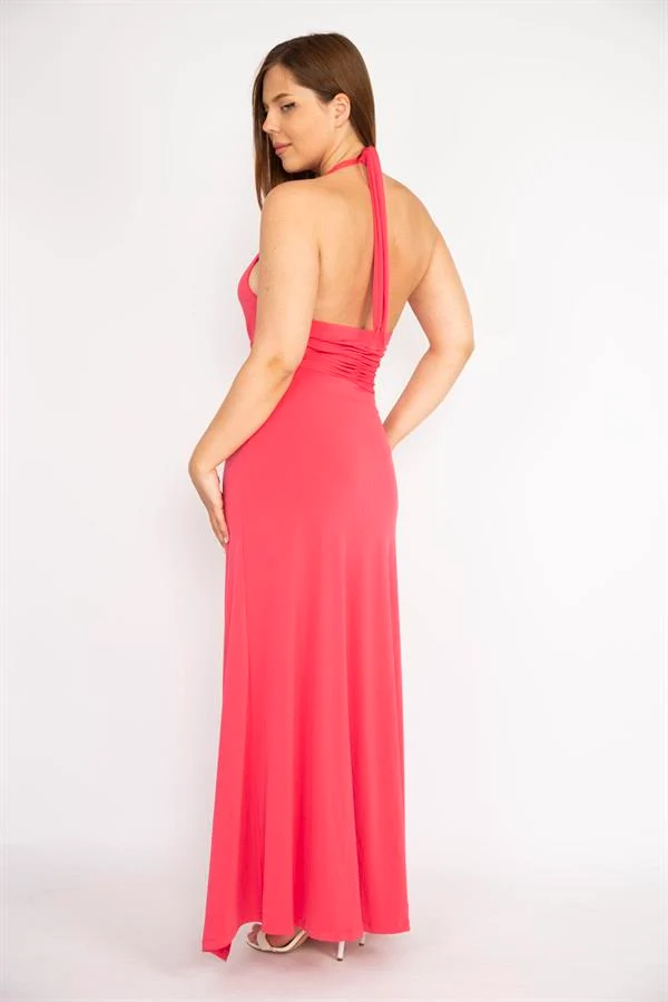 Kadın Fujya Büyük Beden Boyundan Bağlamalı Göğüs Büzgülü Uzun Elbise