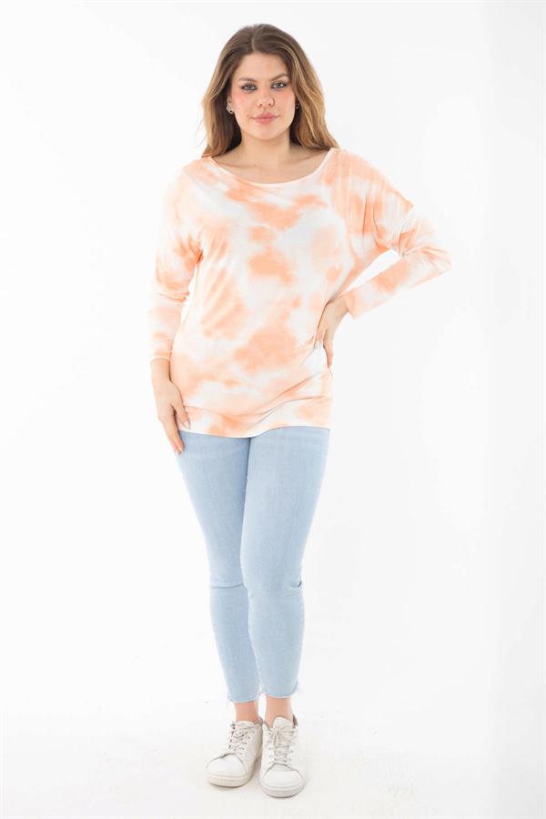 Kadın Büyük Beden Oranj Batik Desenli Uzun Kol Kollu Bluz 65N37363