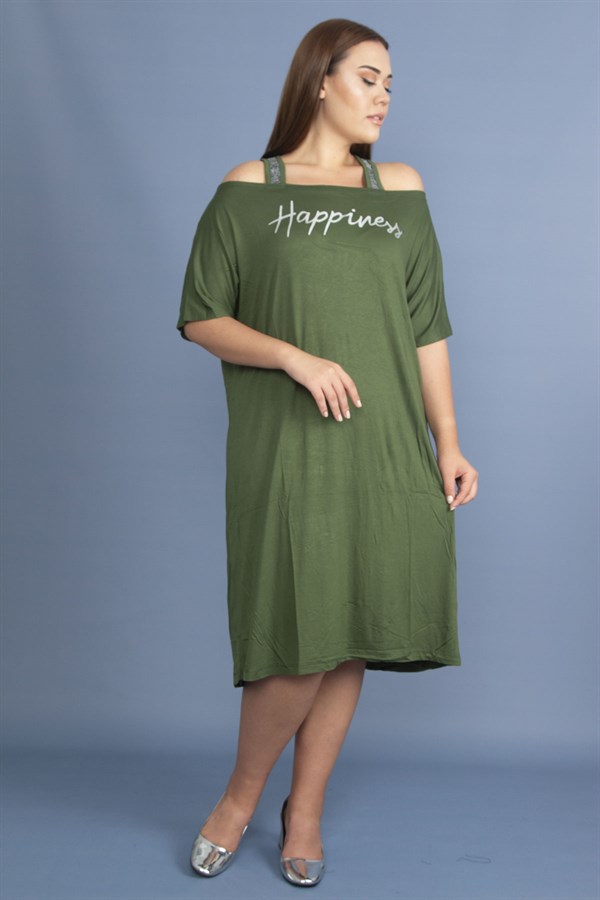 Kadın Haki Sim Detaylı Ön Baskılı Viskon Elbise 65N27473