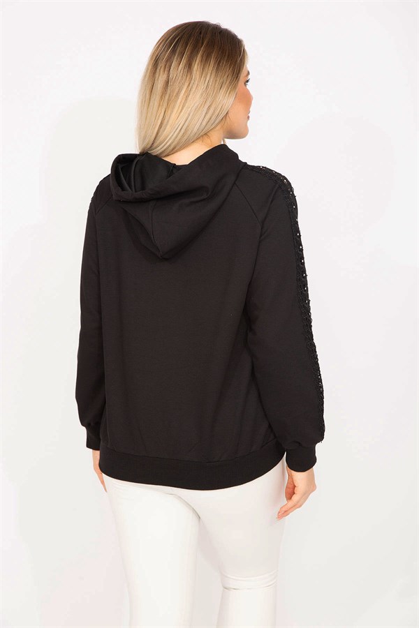 Kadın Siyah Taş Ve Dantel Detaylı Kapşonlu Sweatshirt   65N35309