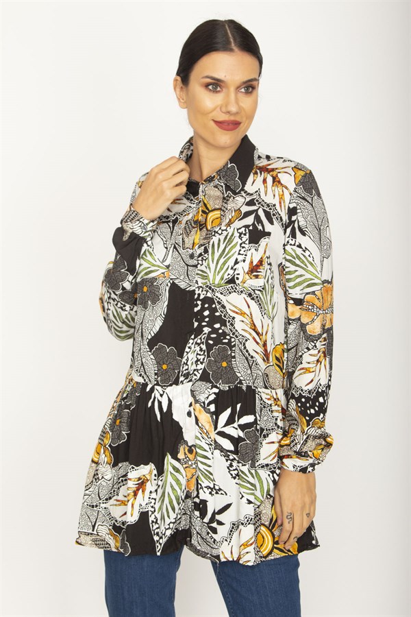 WOMEN'S COLORFUL FLORAL PATTERNED SHIRT WITH HEM DETAILED