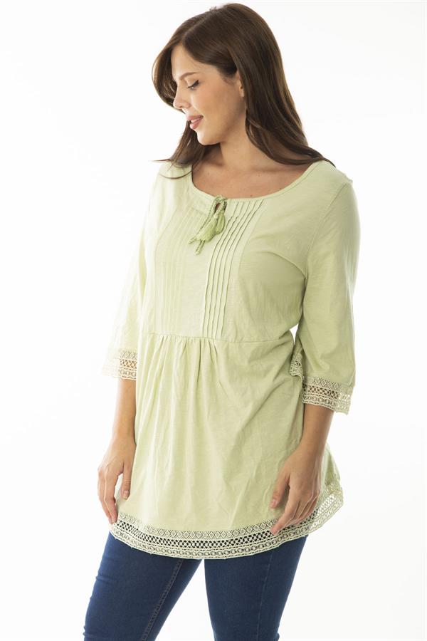 Kadın Büyük Beden Yeşil Kol Ağzı Ve Etek Ucu Dantel Detaylı Nervül Dikişli Tunik 65N36876