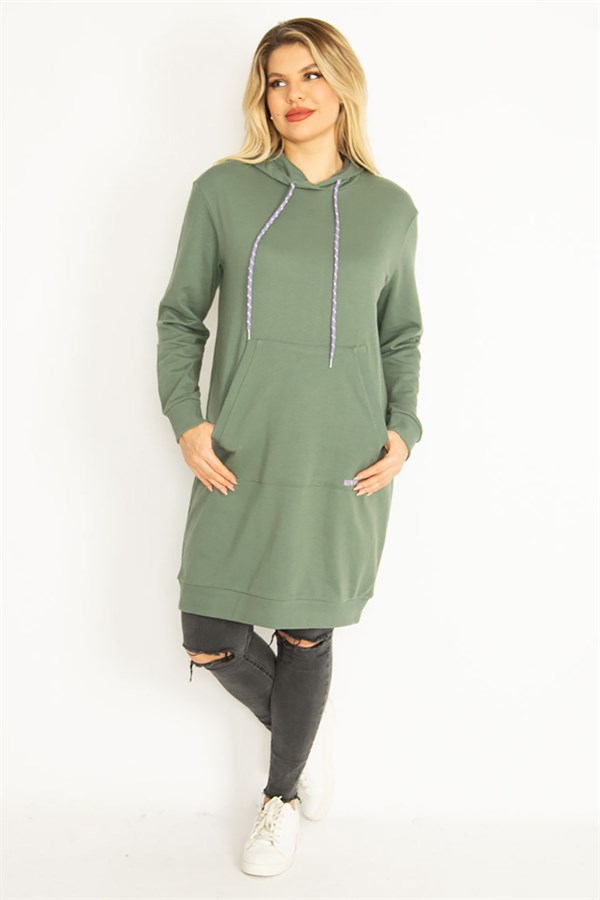 Women's Green Hooded Kangaroo Pocket Long Sweatshirt 65N35070