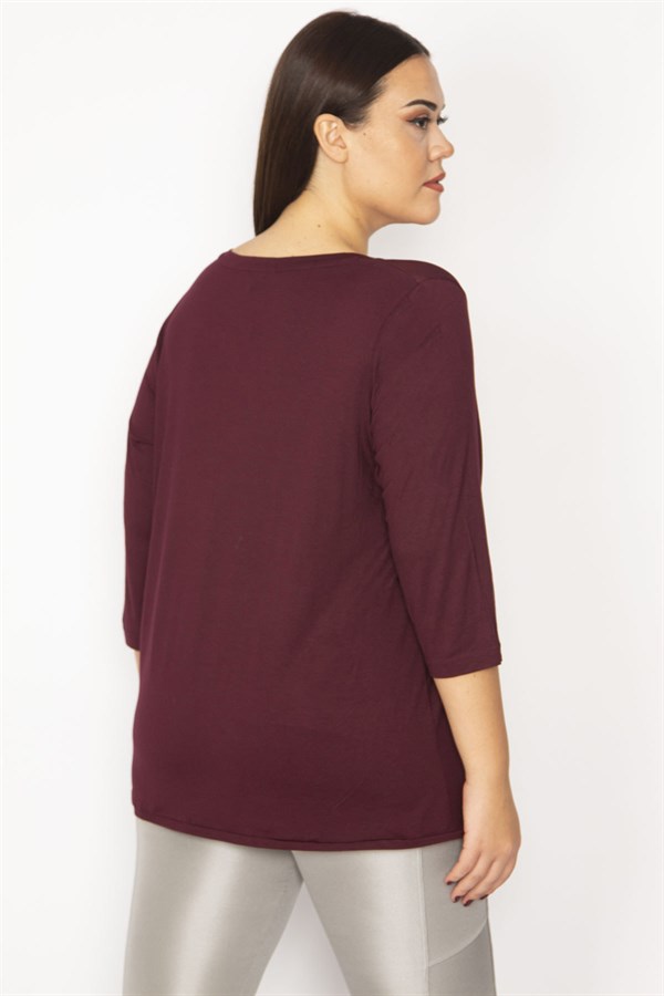 Kadın Mürdüm Yakası Taş Detaylı Kapri Kollu Bluz 65N29285