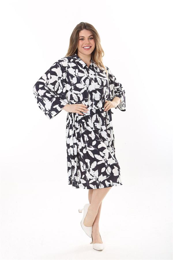 Kadın Büyük Beden Siyah Ön Pat Fermuarlı Beli Tünel Bağcıklı Kapri Kollu Elbise 65N37623