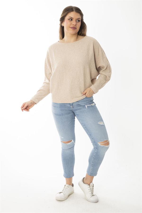 Kadın Büyük Beden Lila Yarasa Kol Kendinden Çizgili Yün Viskon Bluz 65N37007