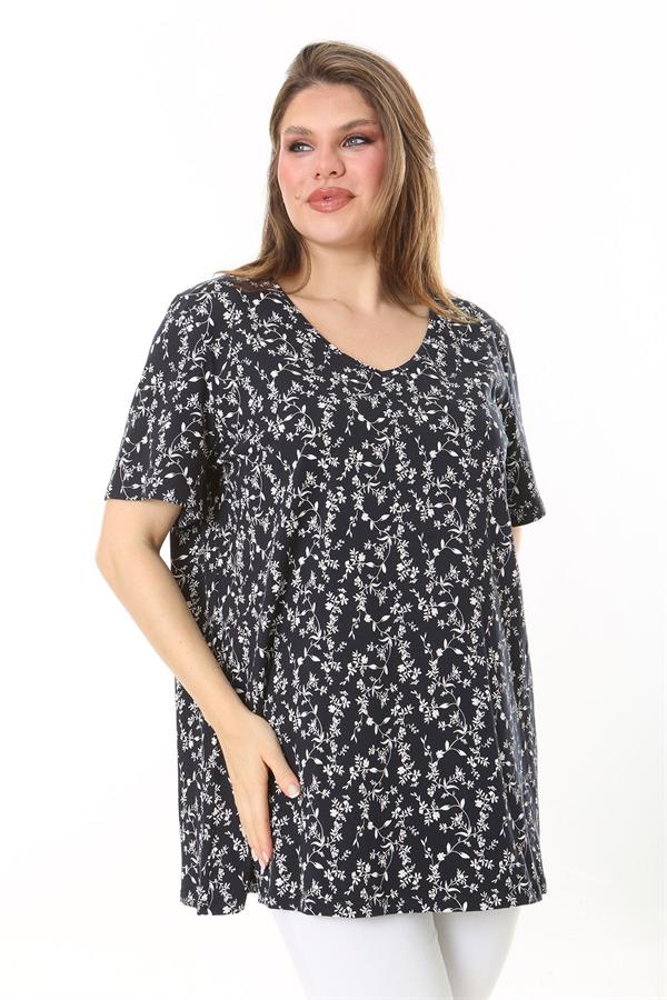 Kadın Büyük Beden Lacivert V Yakalı Çiçek Desenli Kısa Kol Bluz 65N37900