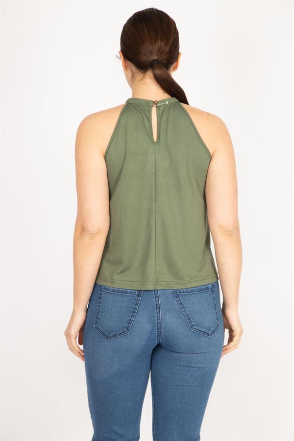 Kadın Haki Büyük Beden Halter Yaka Bluz