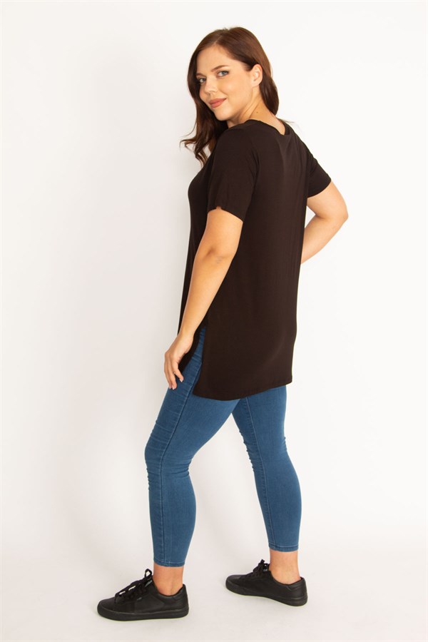 Kadın Siyah V Yaka Yan Yırtmaçlı Bluz 65N34799