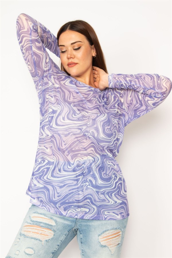 Kadın Lila Likralı Tül Bluz 65N33269
