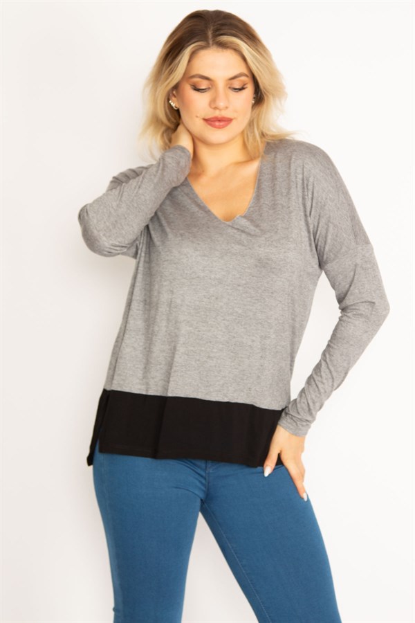 Kadın Gri Etek Ucu Garnili V Yakalı Bluz 65N34636