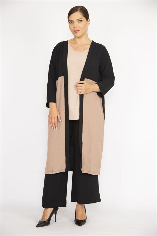 Kadın Büyük Beden İndigo Hırka İç Bluz Ve Pantolon Üçlü Takım