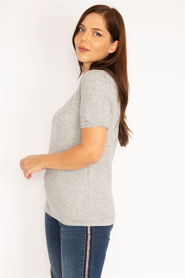 Kadın Gri Yumoş Kumaş Kısa Kollu Bluz 65N34939