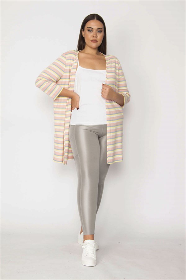 Kadın Kemik Pamuklu Kumaş Çizgili Hırka 65N29664