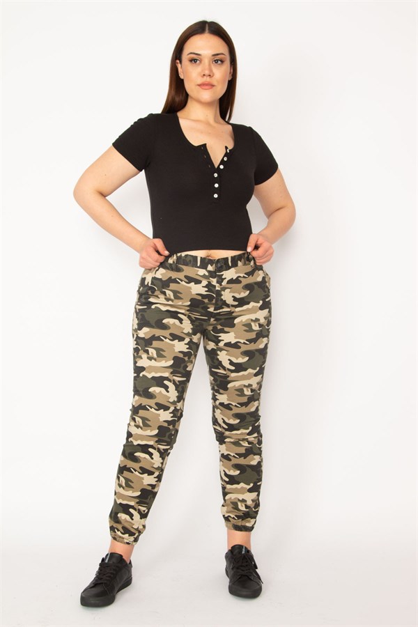 KADIN HAKİ KAMUFLAJ DESEN PAÇA LASTİKLİ CEPLİ PANTOLON