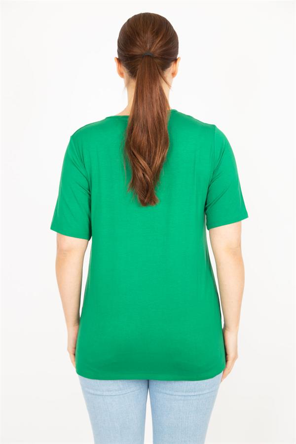 Kadın Saks Büyük Beden Bisiklet Yakalı Ön Baskılı Bluz