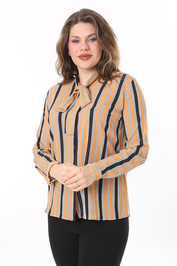 Kadın Büyük Beden Sarı Yakası Fular Bağlamalı Çizgili Bluz 65N38018