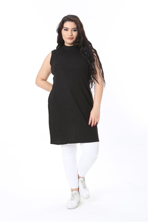 Kadın Büyük Beden Siyah Kaşkorse Kolsuz Uzun Tunik 65N38703
