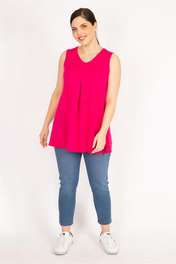 Kadın Fujya Büyük Beden Önü A Pileli V Yakalı Kolsuz Tunik