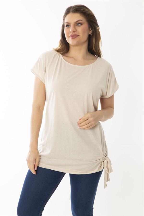Kadın Büyük Beden Vizon Etek Ucu Bağcıklı Düşük Kollu Bluz 65N37031