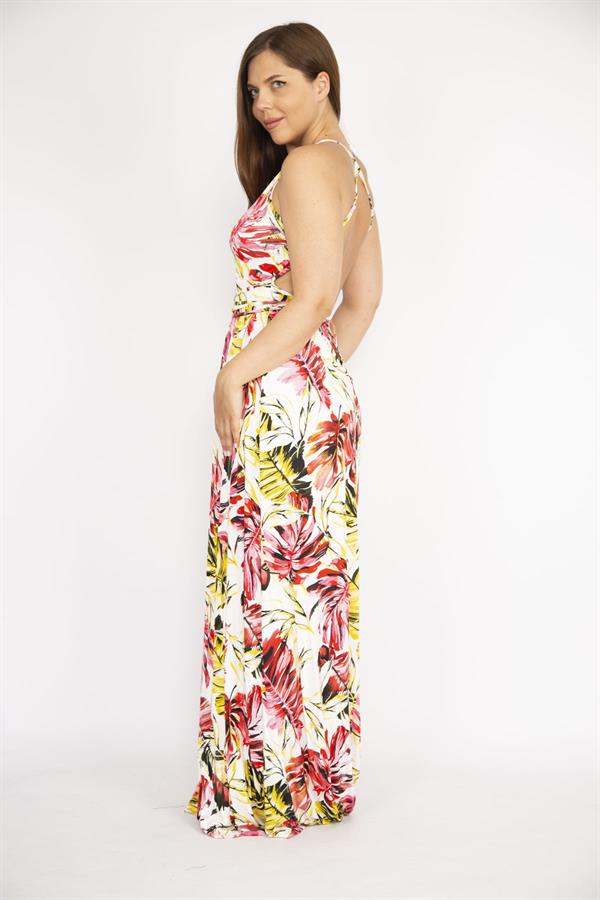 Kadın Büyük Beden Renkli Sırt Dekolteli Anvelop Yakalı Uzun Elbise 65N37264