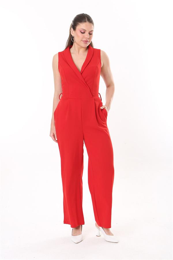 Kadın Büyük Beden Kırmızı Anvelop Yakalı Geniş Paçalı Tulum 65N37734