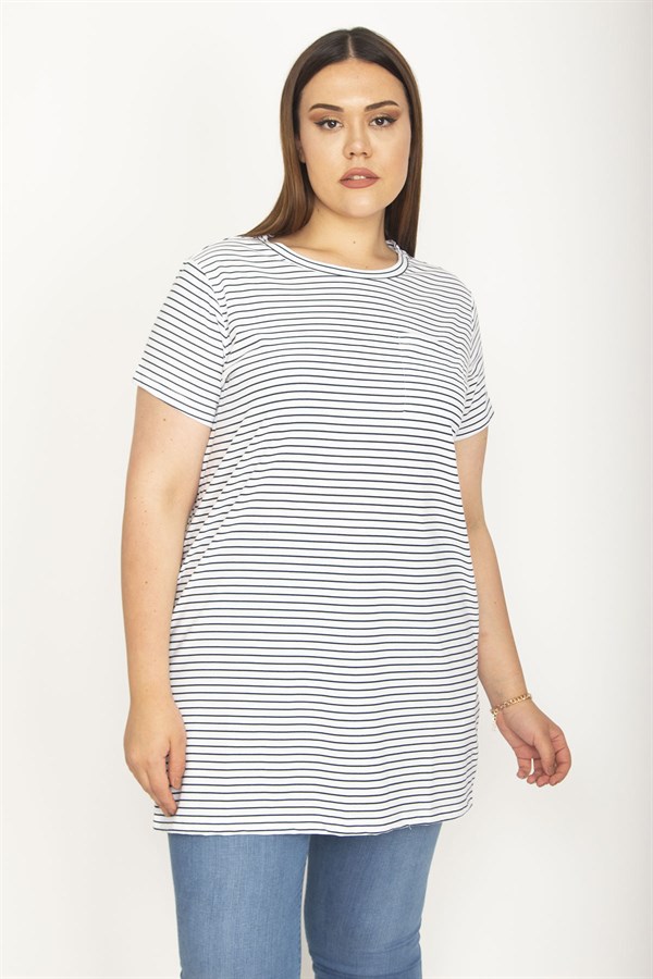 Kadın Beyaz Pamuklu Kumaş Peto Cepli Çizgili Tunik 65N26365