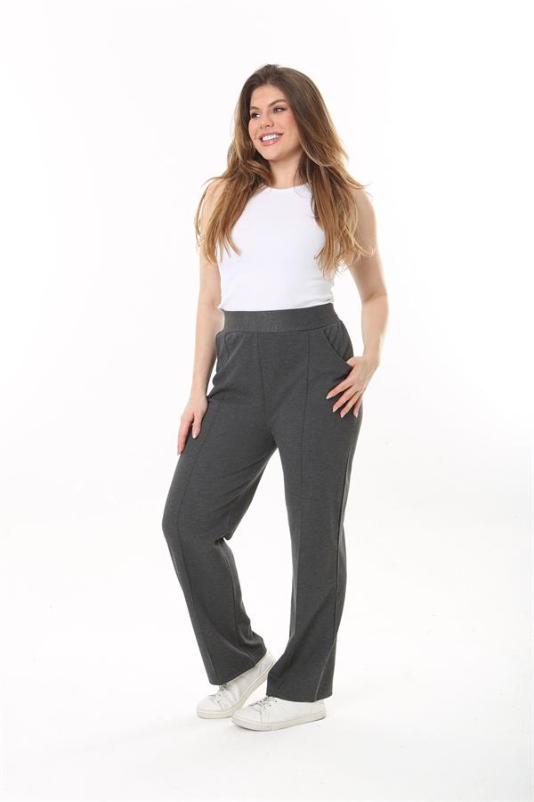 Kadın Büyük Beden Füme Ütü İzi Çima Dikişli Likralı Yan Cepli Pantolon 65N37564