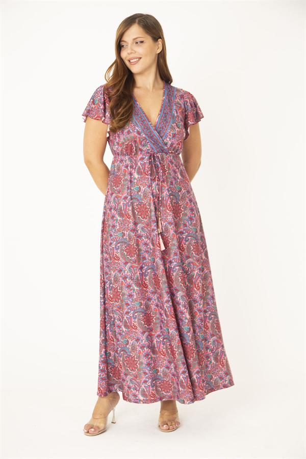 Kadın Büyük Beden Renkli Anvelop Yakalı Bel Bağcıklı Elbise 65N36878