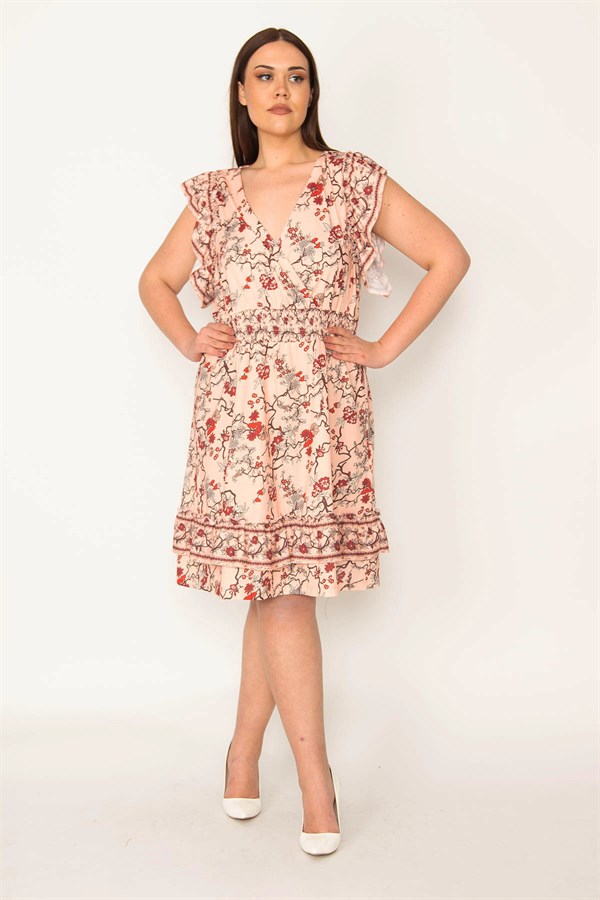 KADIN RENKLİ BELİ GİPE LASTİKLİ ANVELOP YAKA KOL VE ETEK UCU FIRFIRLI KATLI ELBİSE