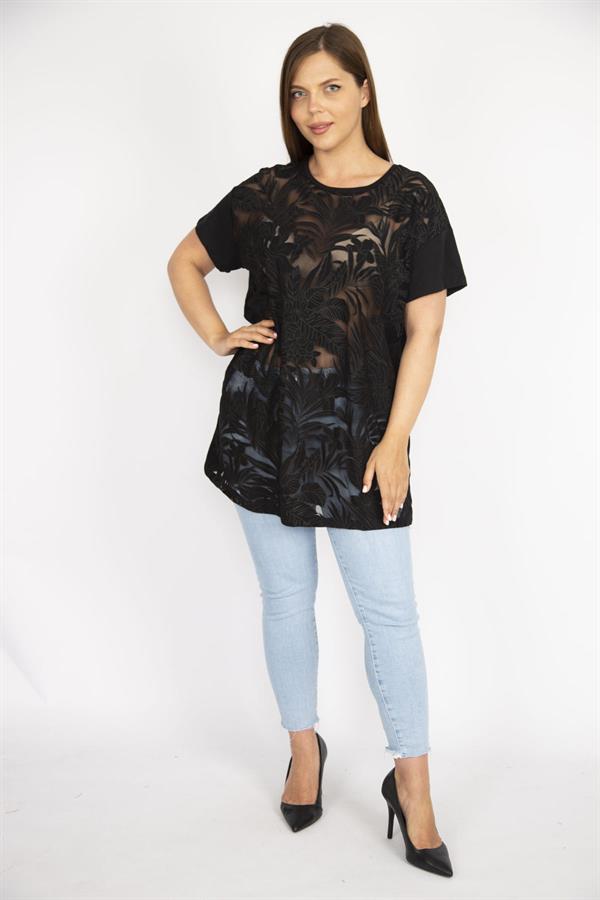 Kadın Beyaz Büyük Beden Önü Flok Bisiklet Yakalı Kısa Kollu Bluz