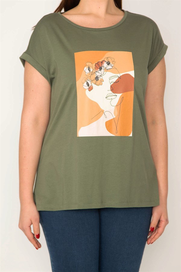 KADIN HAKİ PAMUKLU KUMAŞ DİJİTAL BASKILI KISA KOLLU BLUZ