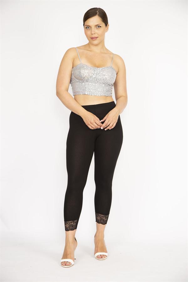 Kadın Siyah Büyük Beden Paça Dantelli Tayt