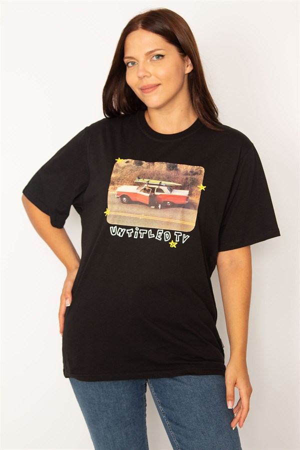 Kadın Siyah Pamuklu Kumaş Dijital Baskılı Bluz 65N34568