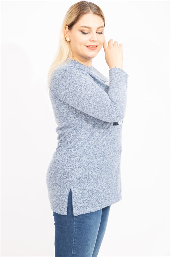 Kadın Mavi Yün Viskon Kumaş Aplike Ve Yan Yırtmaç Detaylı Tunik 65N35449