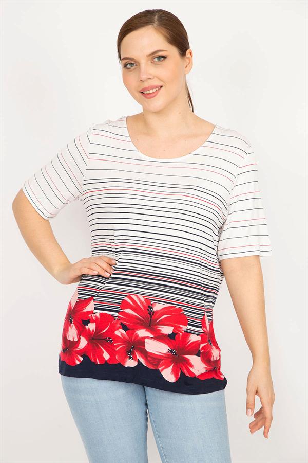 Kadın Renkli Büyük Beden Bisiklet Yakalı Desenli Bluz