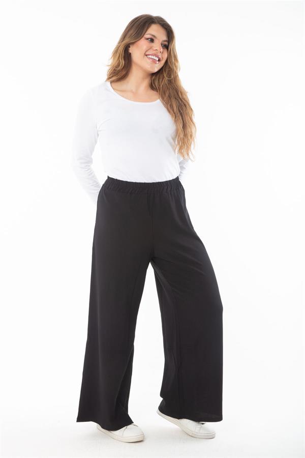 Kadın Büyük Beden Siyah Beli Lastikli Geniş Paçalı Bürümcük Pantolon 65N37315
