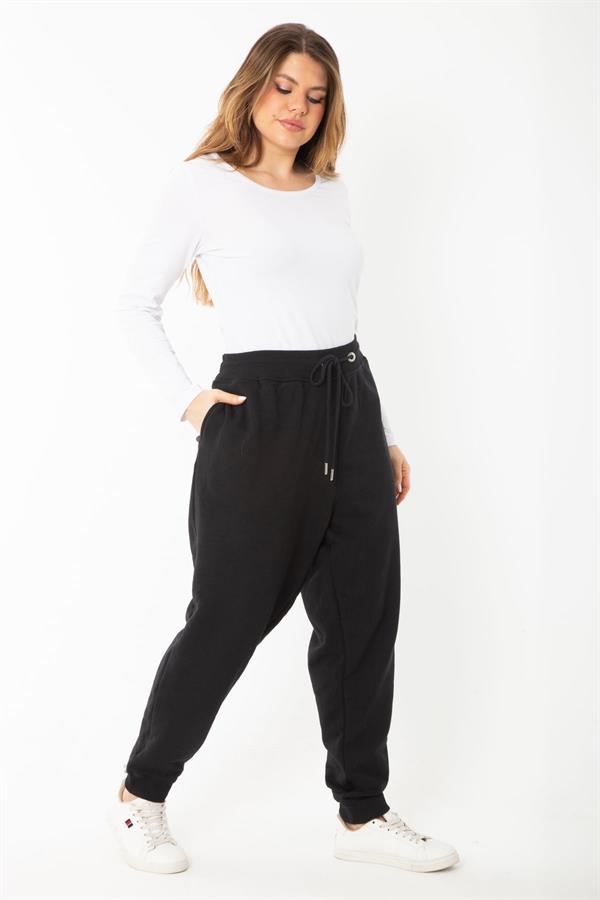 Kadın Büyük Beden Siyah Kuşgözü Bağcıklı Bel Ve Paçası Ribanalı Eşofman Pantolon 65N37398