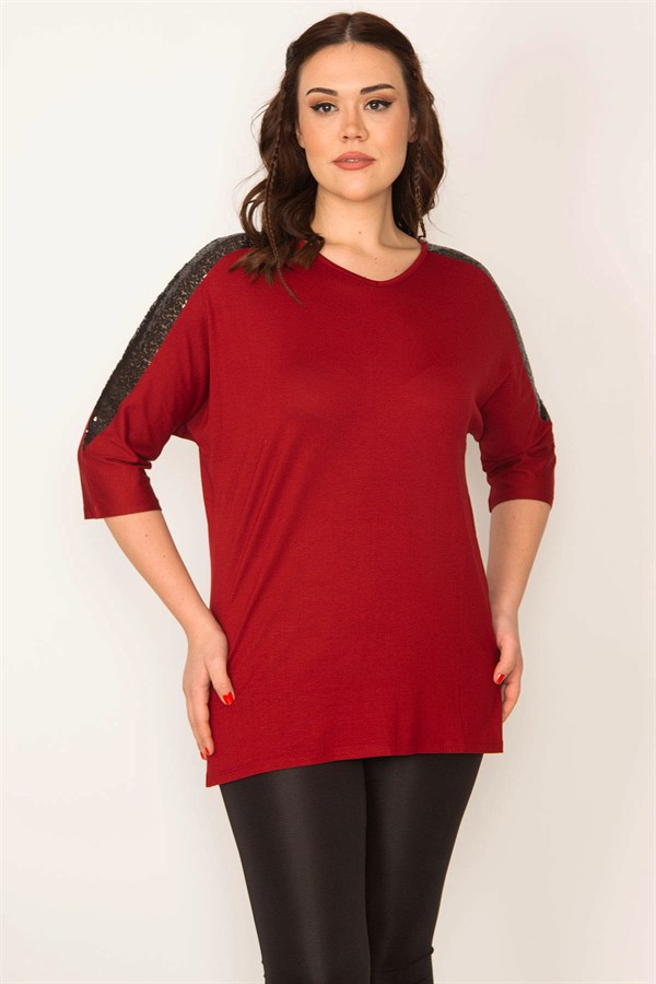KADIN BORDO PAYET DETAYLI V YAKA KAPRİ KOL VİSKON BLUZ