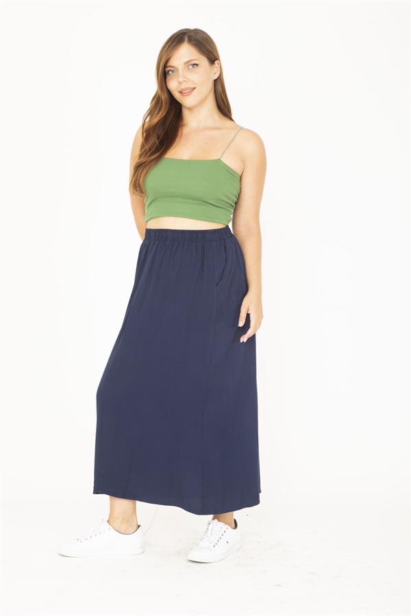 Kadın Büyük Beden Lacivert Beli Lastikli Yan Cepli Etek 65N36806